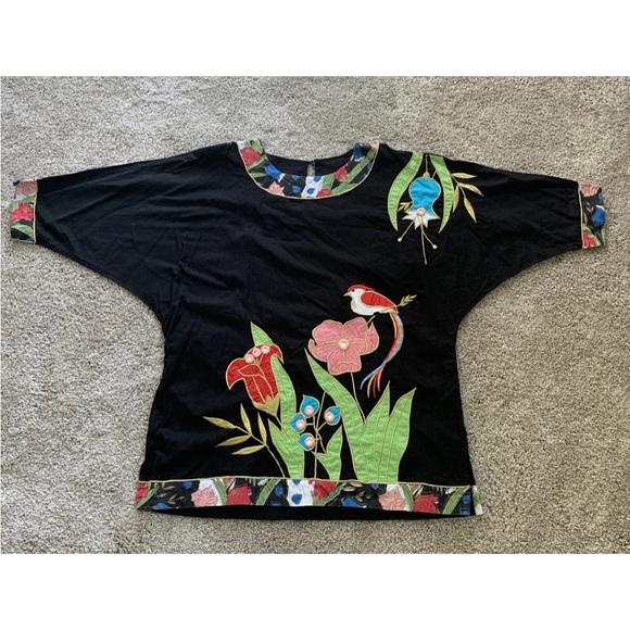 Vintage 1970s Ramona Rull size L Appliqué Tropical Bird Floral Dolman Tunic Top - Picture 1 of 9